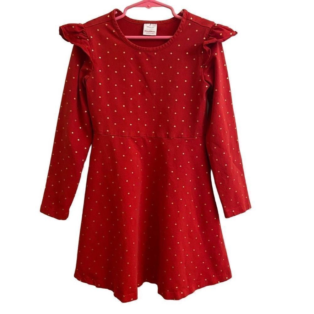 Hanna Andersson Long Sleeve Red Dress Gold Polka Dots Christmas Size 130cm =US 8
